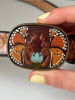 1983 Hand Tooled & Painted Signed Artist Belt withe Baron Brass Butterfly Buckle